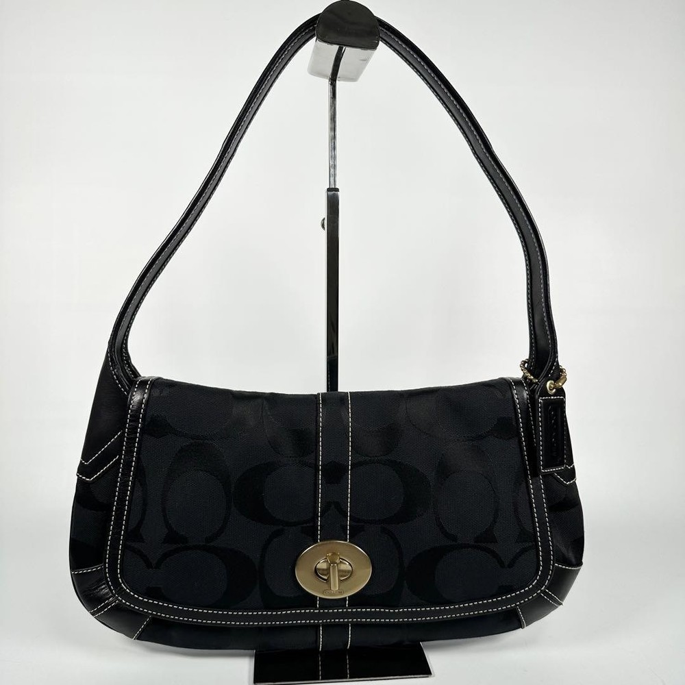 COACH Turnlock Flap Shoulder Bag in Black Leather & Signature Canvas 11257