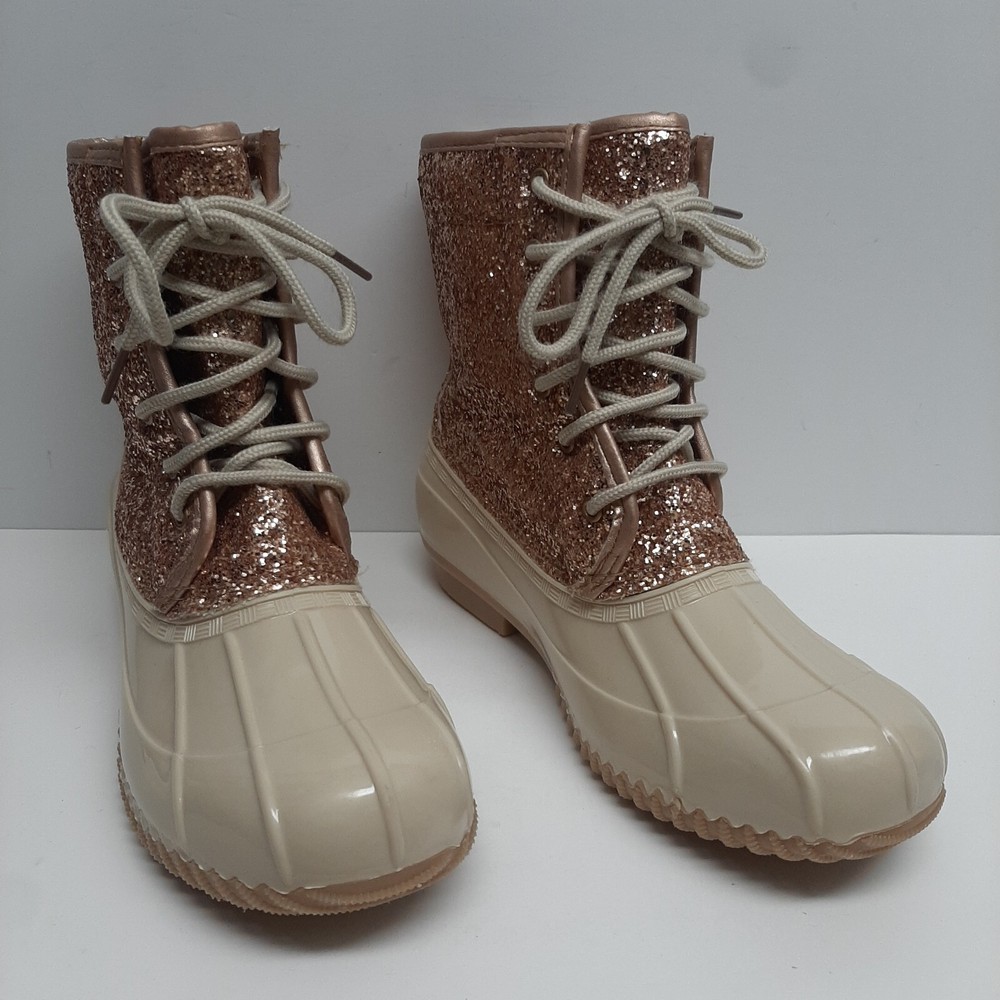 Women's Rose Gold Glitter Duck Boots Off White Size 7M SGR Skipper FSF603 Pre-Owned