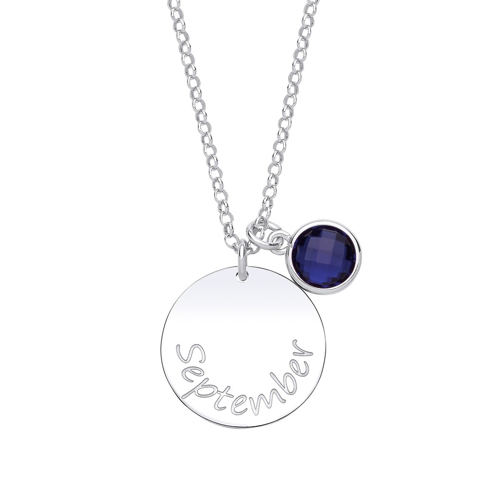 Silver Jewelco London Blue CZ Birthstone September Round Tag Necklace 16