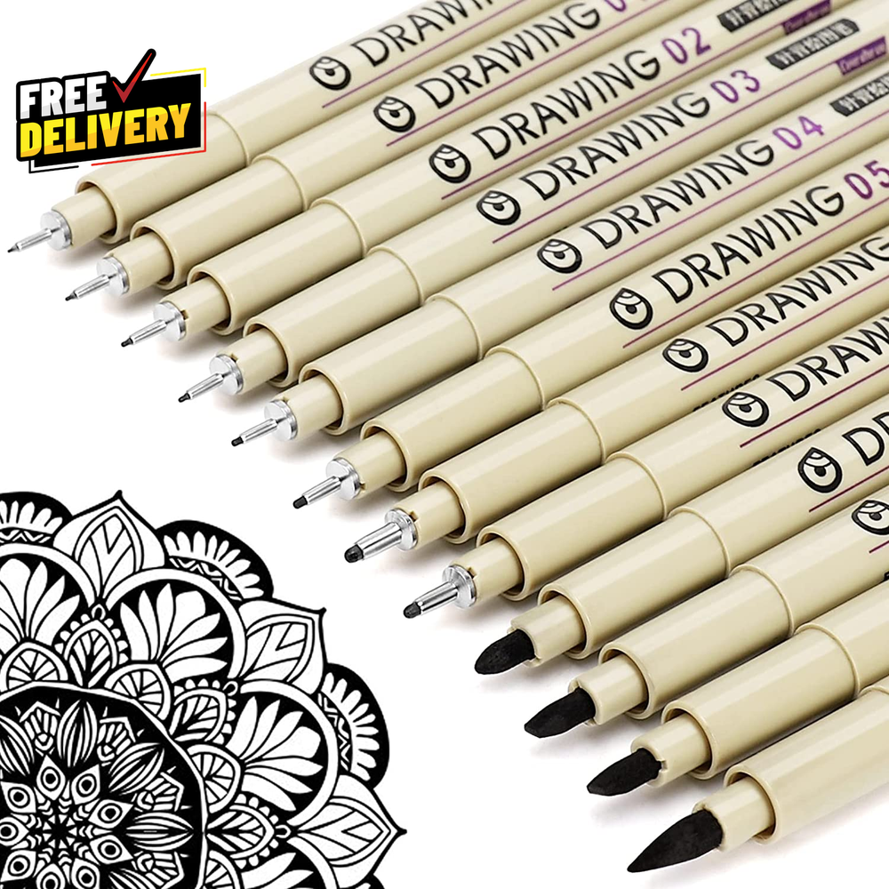 Muchcute Micro Fineliner Drawing Art Pens: 12 Black Fine Line Waterproof Ink Set