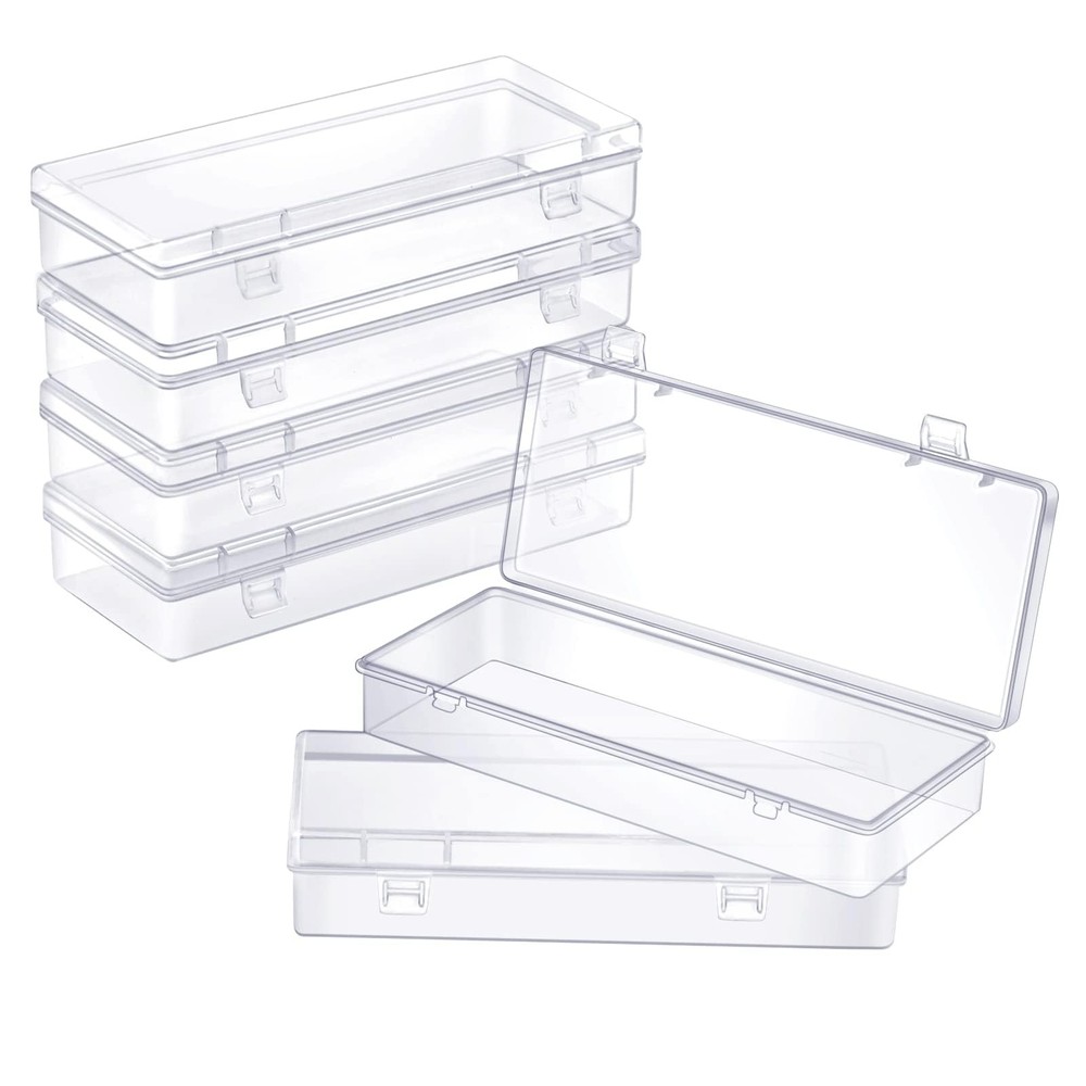 6 Pack Small Plastic Storage Containers with Hinged Lids, Rectangle Clear