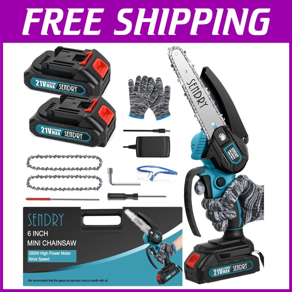 Lightweight SENDRY Mini Chainsaw with 2x 21V Batteries for Easy Gardening