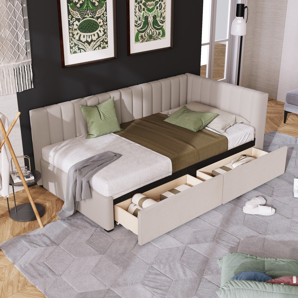 Beige linen twin daybed with storage drawers and sofa bed function