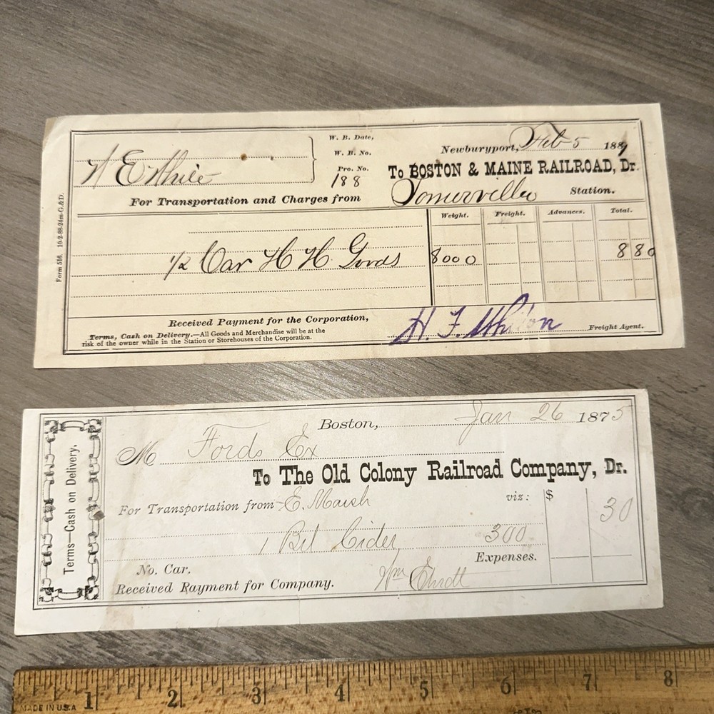 2 Railroad bill-head Receipts 1875 Old Colony railroad Co. & Boston Maine Rail