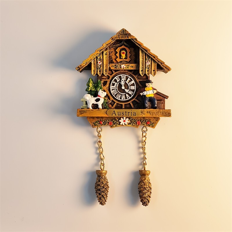 Austrian Wooden House Cuckoo Clock Tourist Souvenir 3D Resin Fridge Magnet Craft