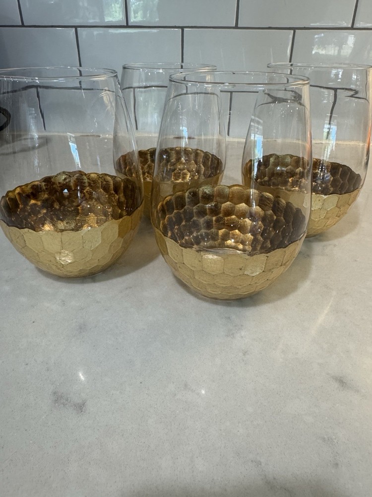 Gold Leaf Stemless Wine Glass (Set Of 4) HONEYCOMB Pattern 5