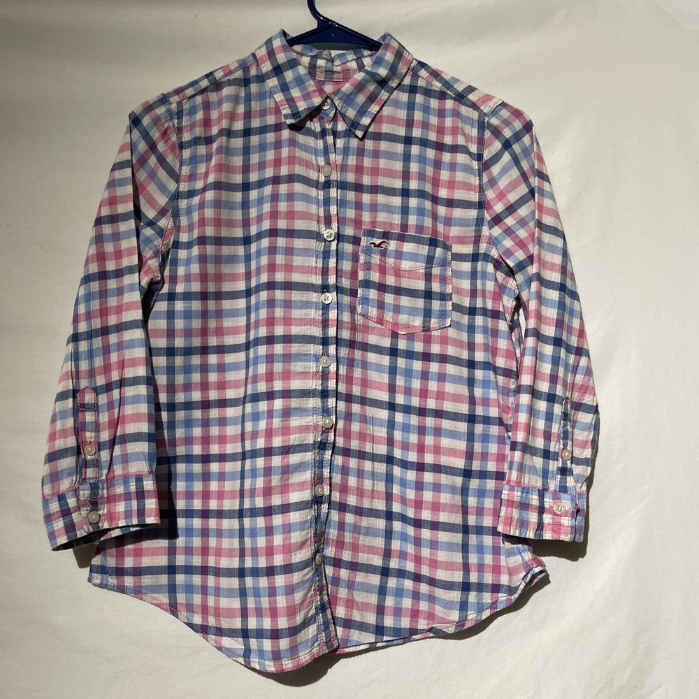 Hollister Top Size Small Pink Blue Plaid Button Up Collared Shirt Womens