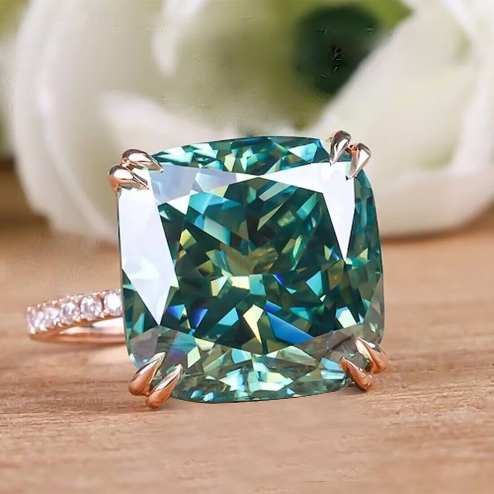 Certified 13.30 Ct Cushion Cut Blue Diamond Solitaire Ring 925 Sterling Silver