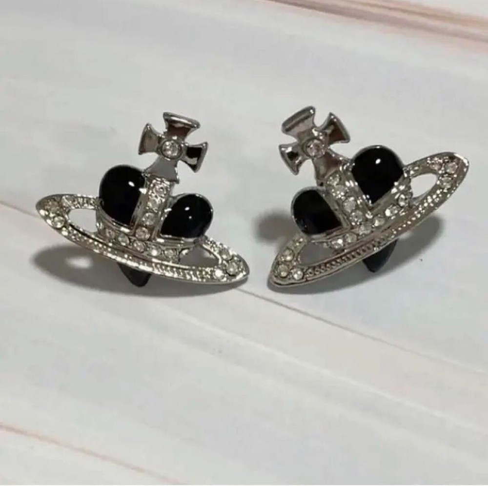 Vivienne Westwood Diamante Black Heart Orb Earrings Silver Outlet authentic