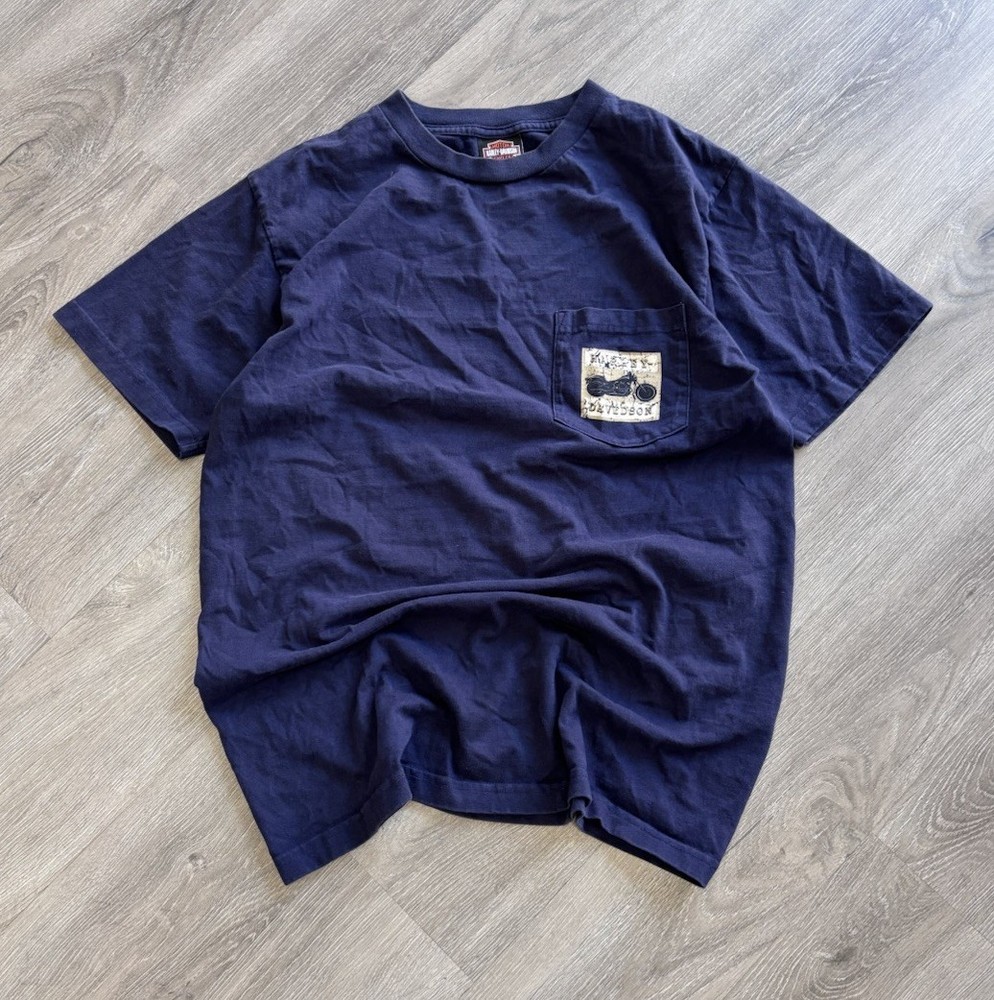Vintage 90s Y2K Harley Davidson Orlando Florida USA Navy Pocket Tee Men’s Large.