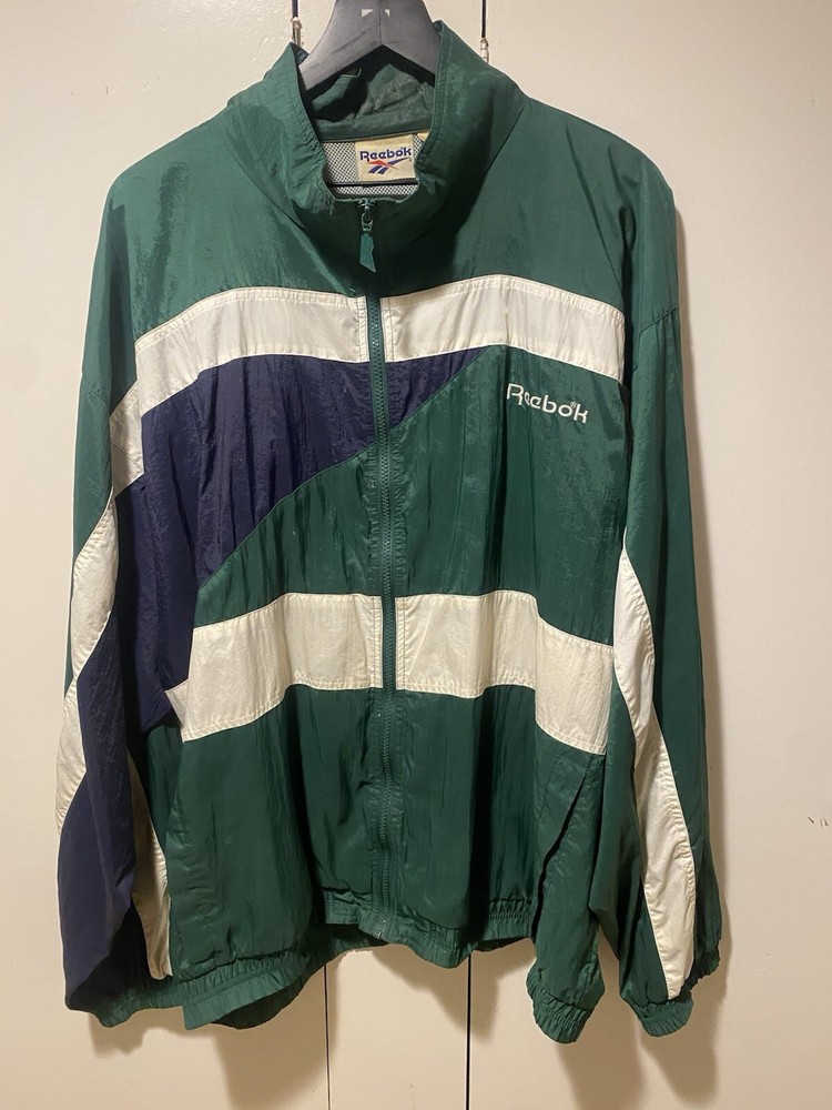 Vtg 90s Reebok Big Logo Jacket Windbreaker Navy Blue Green White XL Track Suit