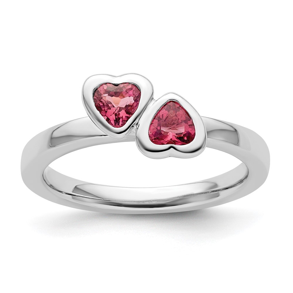 Sterling Silver Stackable Expressions Pink Tourmaline Double Heart Ring Size 5