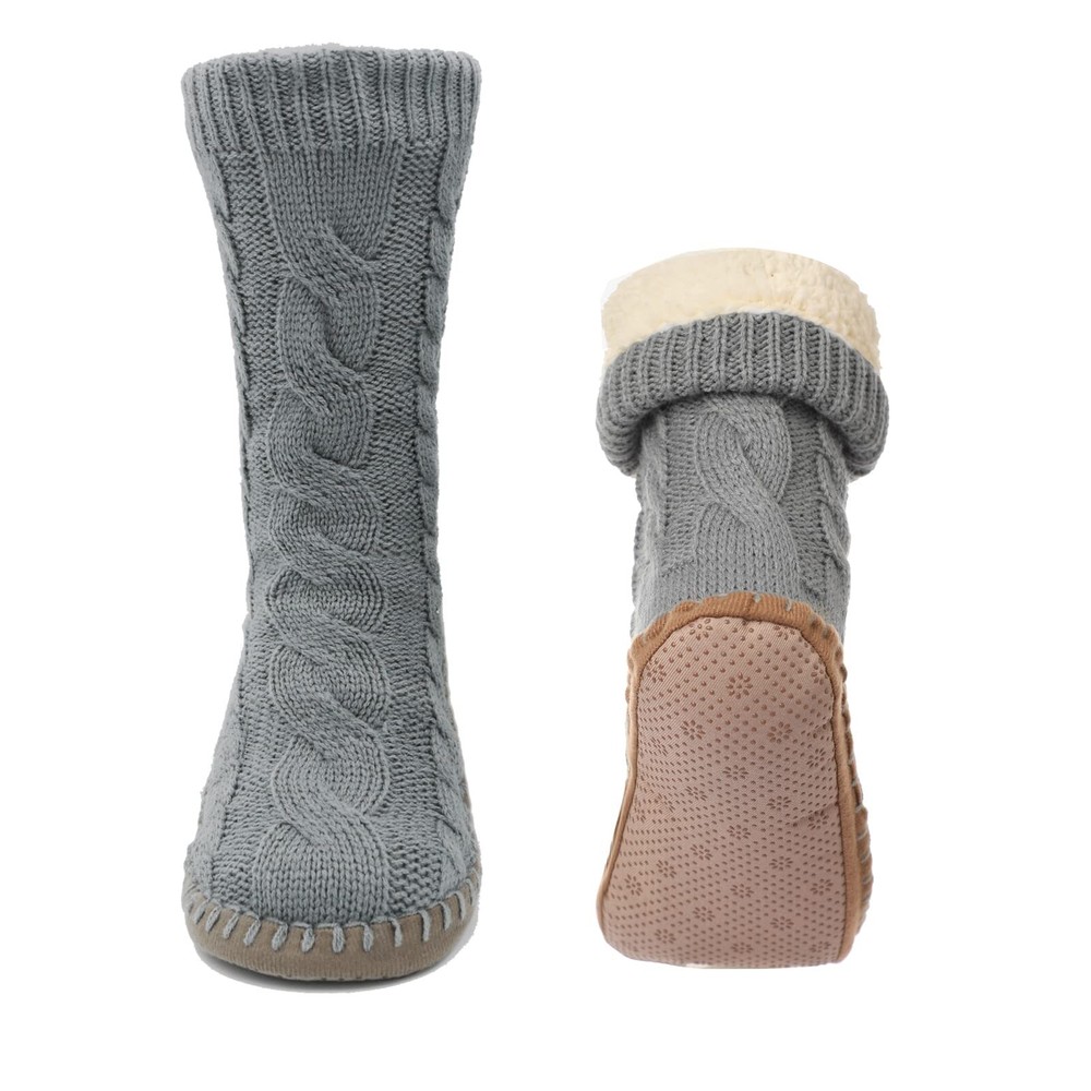 Slipper Socks for Women Grippers, Gray Thick Lined Knit Slipper Sock With Sol...