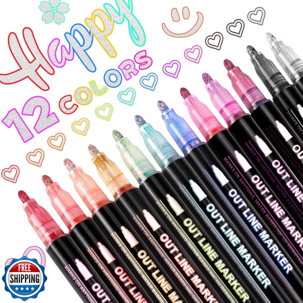 VEKDA 12-Color Shimmer Markers for Kids Metallic Glitter Double Line Pens