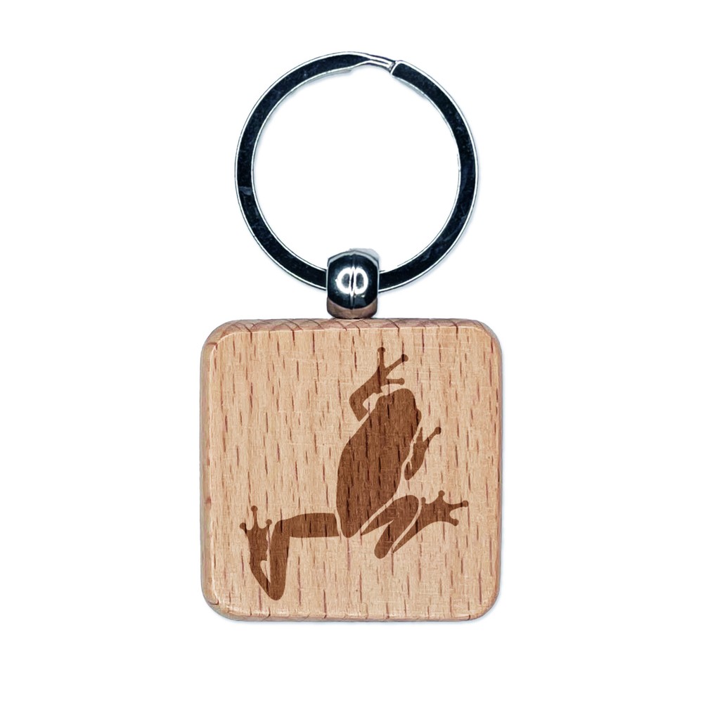 Climbing Tree Frog Engraved Wood Square Keychain Tag Charm