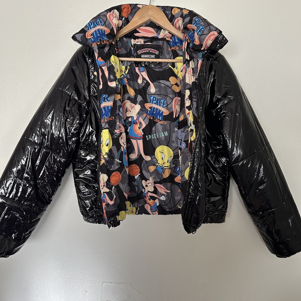 Members Only X Space Jam High Shine Puffer Jacket XL Black Lola Bunny Full Zip-image