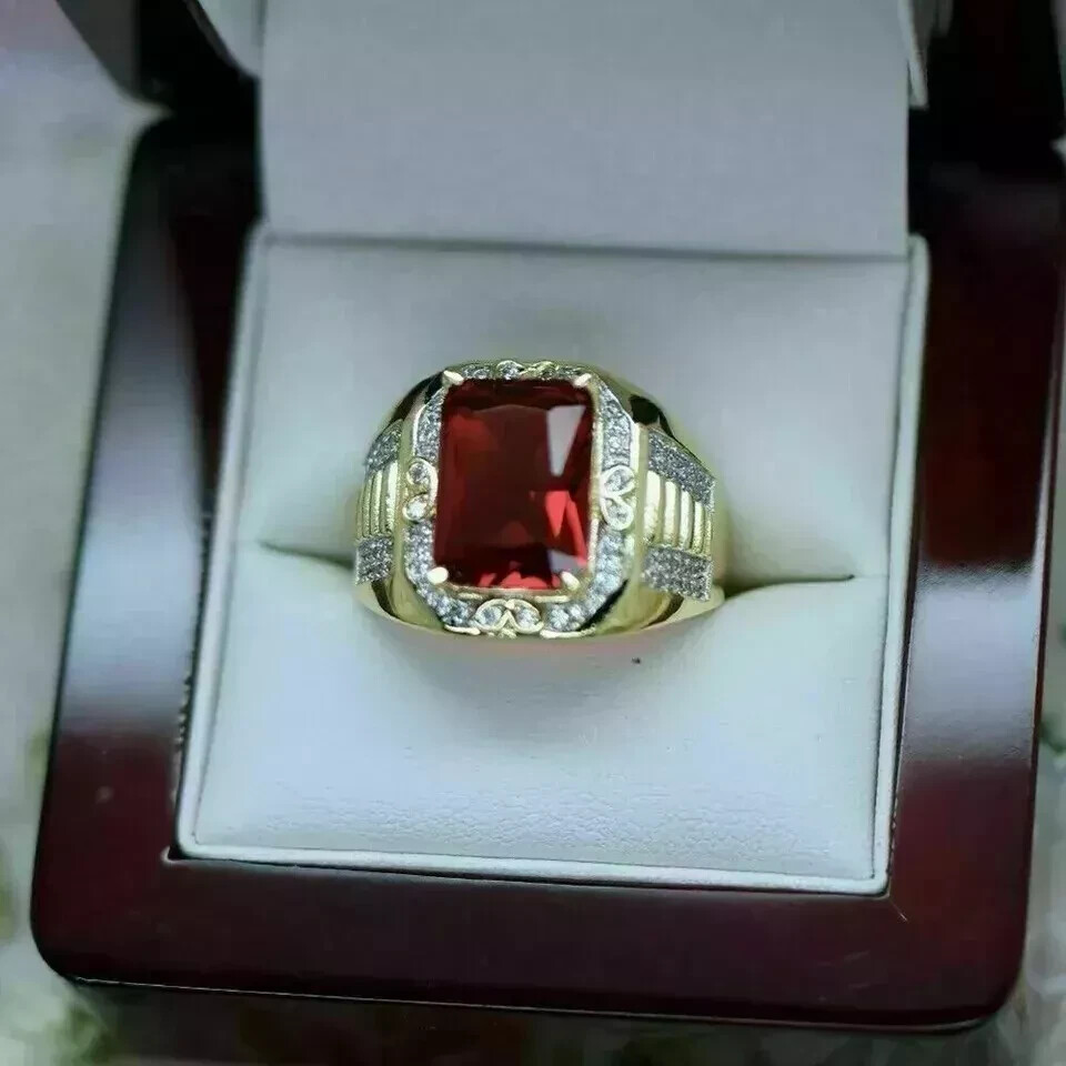 14K Yellow Gold Plated 3Ct Emerald Cut Lab Ruby Men's Ring