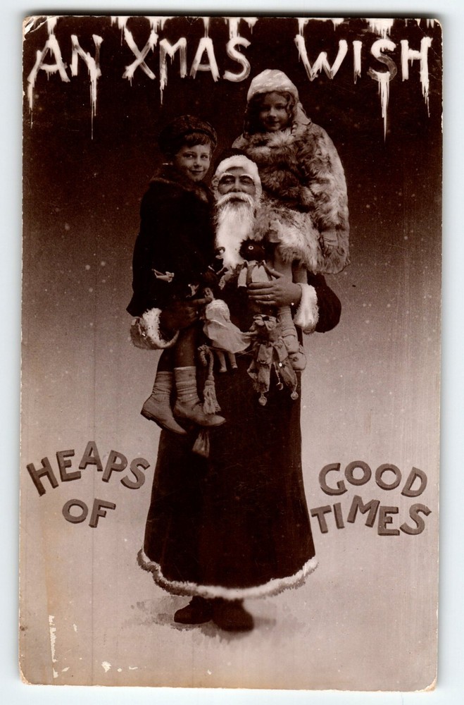 Santa Claus Christmas Postcard X-mas Wish Heaps Of Good Times Old World Rob Kids