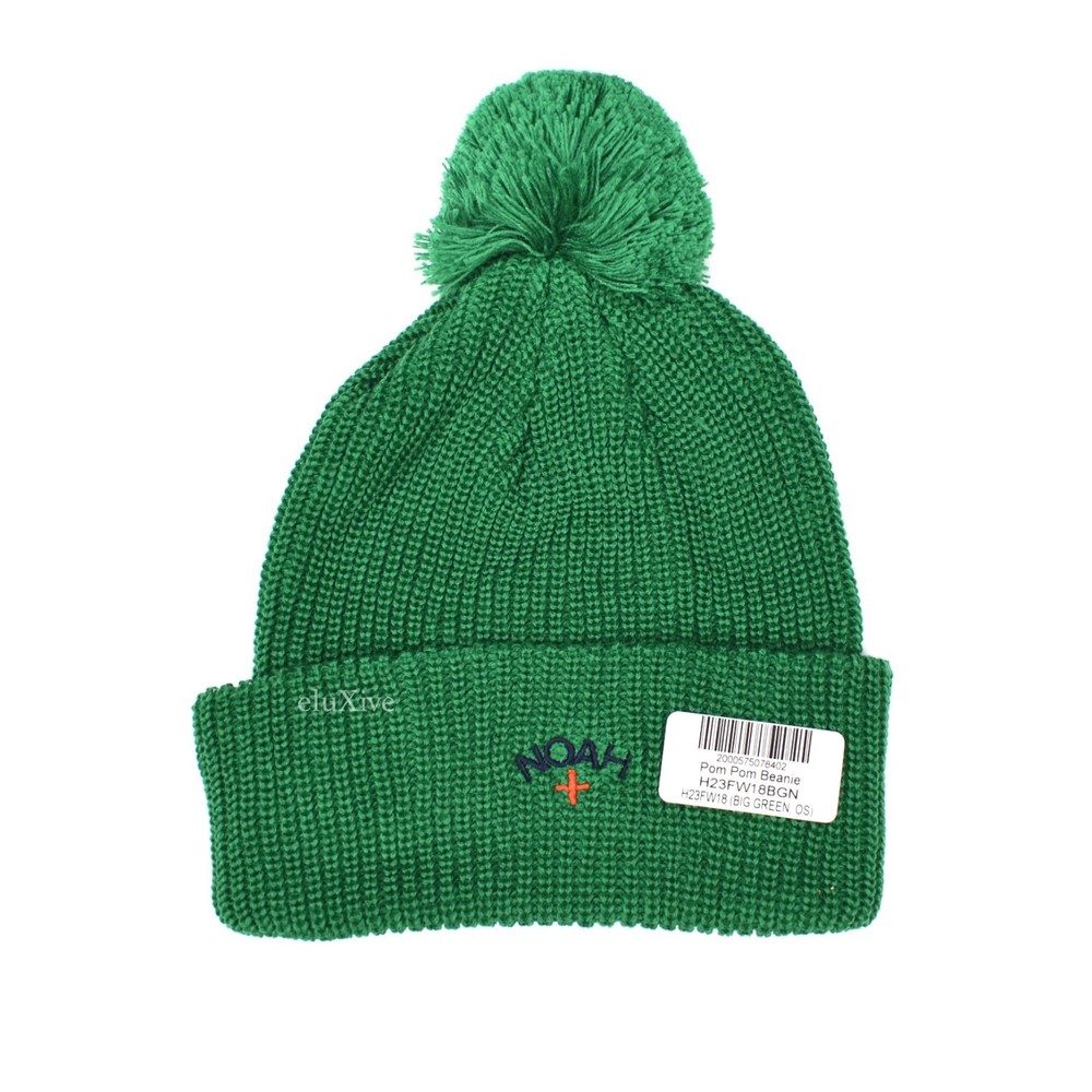 Noah NY Green Core Logo Embroidered Pom Pom Beanie FW18 NWT