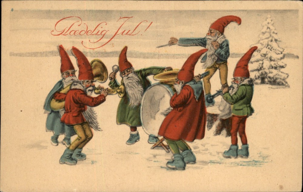 Christmas Gnomes Musical Instruments So Cute! c1900-20s Vintage Postcard