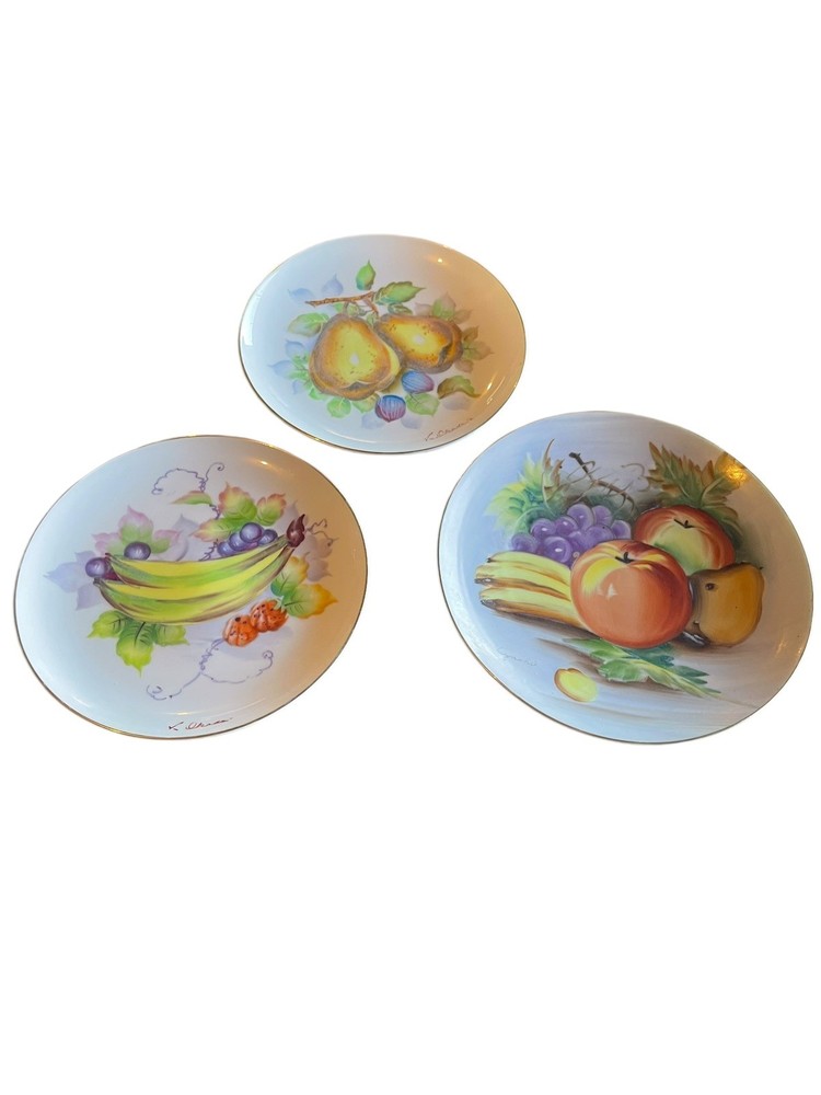 Set of 3 Hand Painted Fruit Wall Plates | Vintage Japan K. Okura | Farmhouse