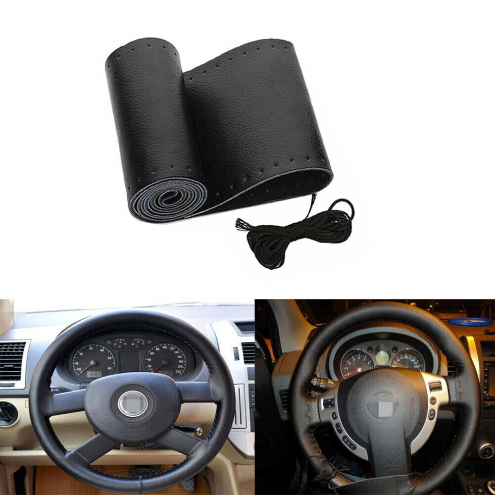 Upgrade Your Car with a New Black Leather DIY Steering Wheel Cover 37-38CM 14.5-15INCH