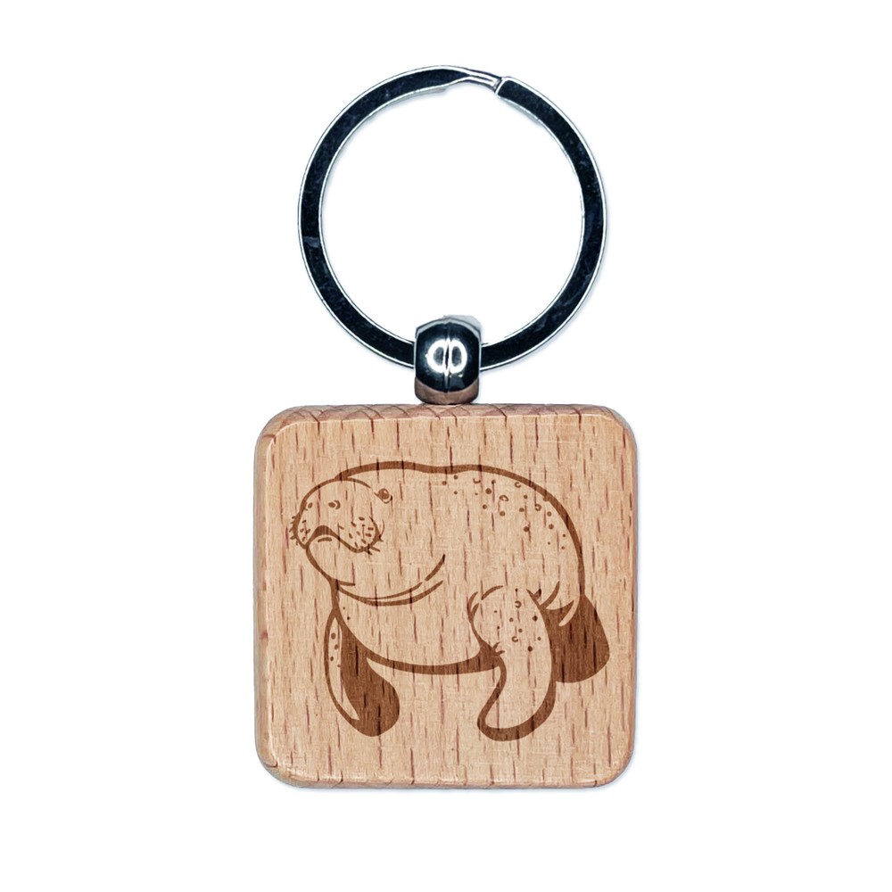 Gentle Manatee Engraved Wood Square Keychain Tag Charm
