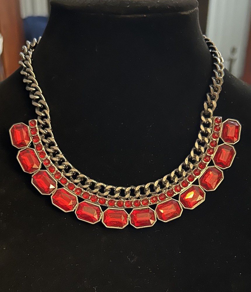 Red Acrylic Statement Necklace with Gunmetal Collar and Lobster Clasp