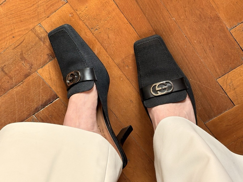 GUCCI Vintage Black GG Logo Square Toe Mules Kitten Heels US 6B EU 37