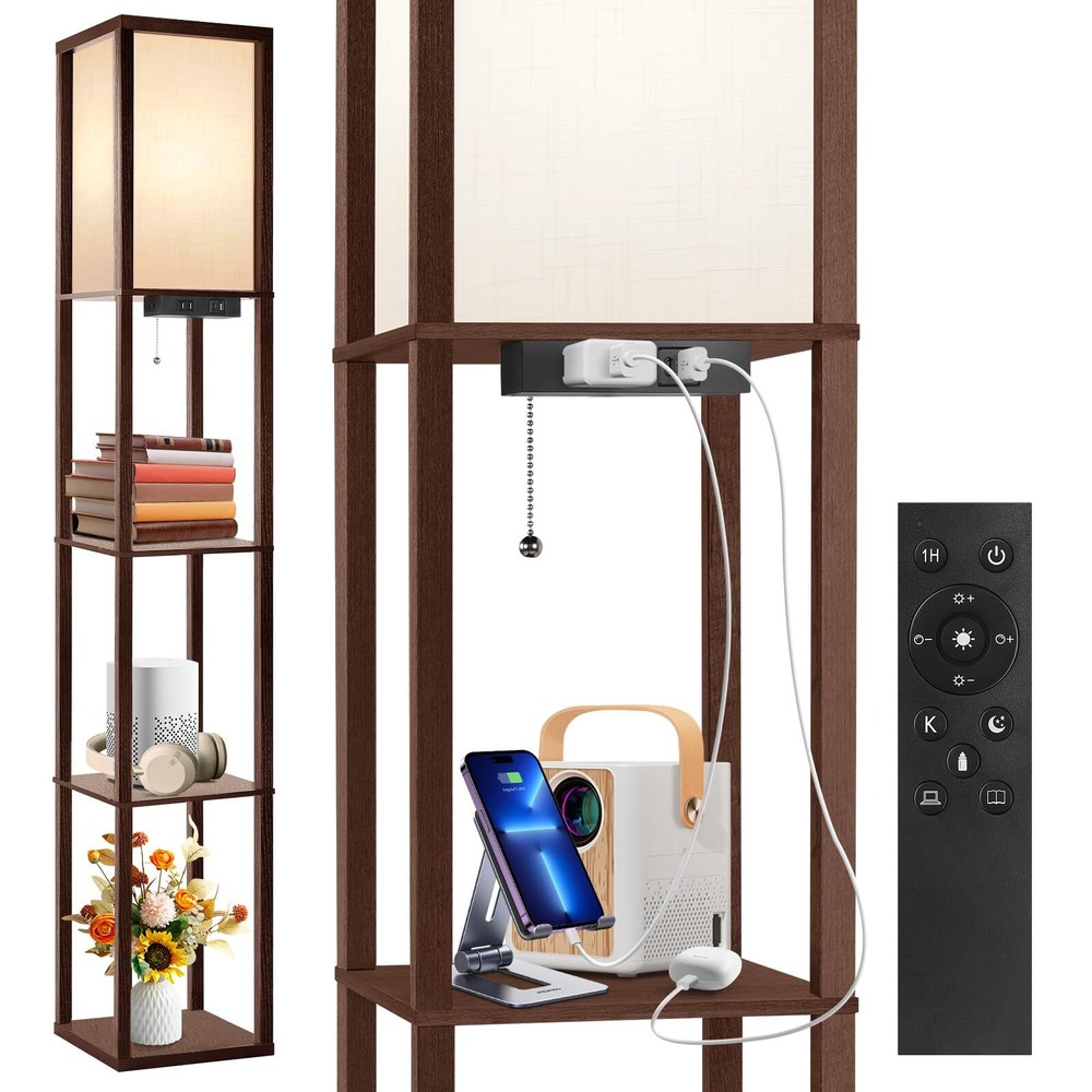 Floor Lamp with Shelves, Dimmable Shelf Floor Lamp with 1 USB & 1 Type C Port...