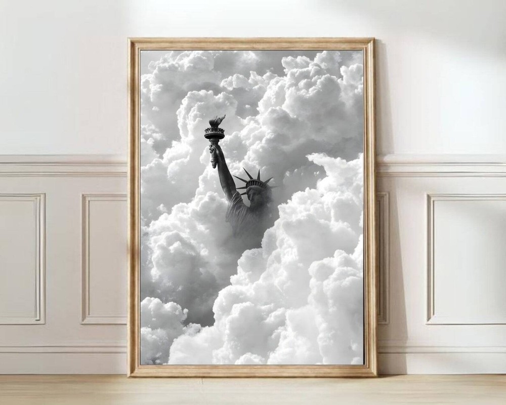 NYC Skyline Poster with Statue of Liberty and Clouds Art Print  