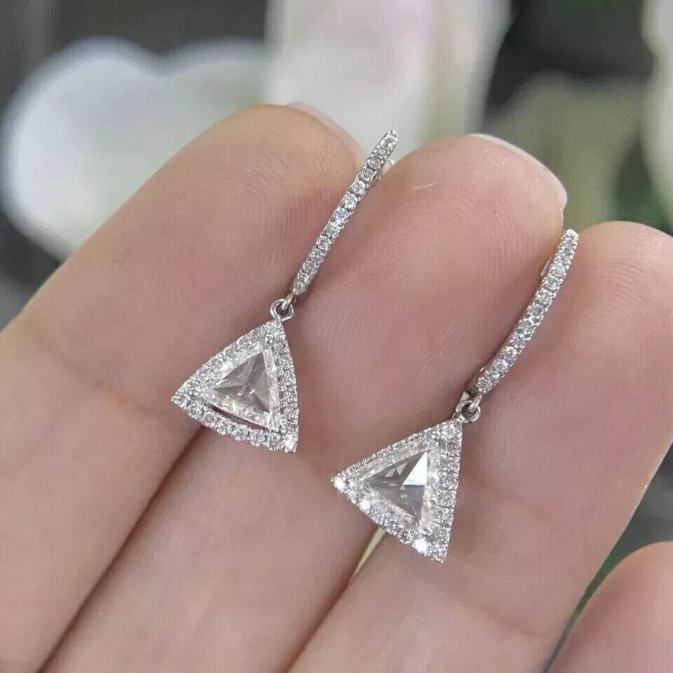 2.30Ct Trillion Cut Simulated Diamond Drop Dangle Earrings 14k White Gold Plated