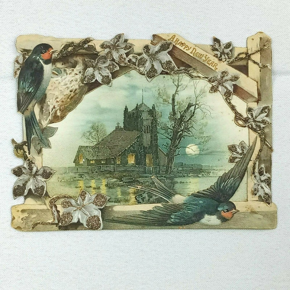 Vintage Victorian Happy New Years Card Bird Frame Overlay Detailed-image