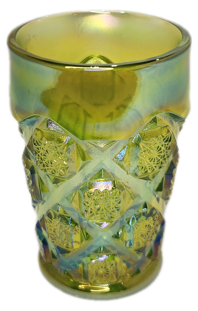 Westmoreland Lime Carnival Glass Tumbler Old Quilt Iridescent Pattern