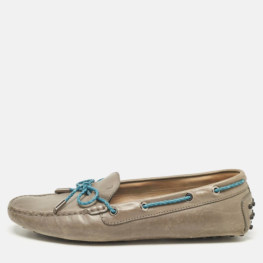 Tods GreyBlue Leather Braided Bow Slip On Loafers Size 40