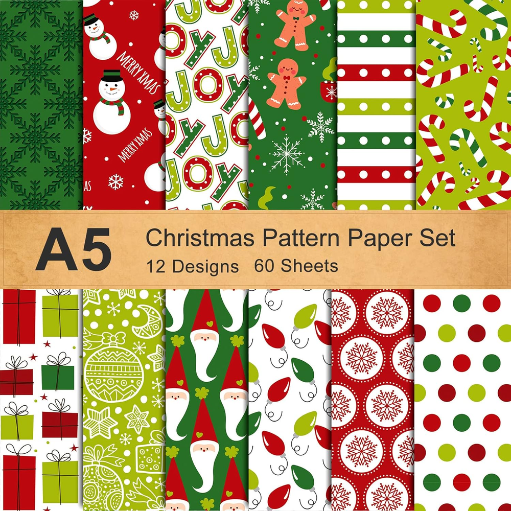 12 Designs Christmas Pattern Paper Set A5 Size 60 Sheet Snowman Santa Gingerbrea