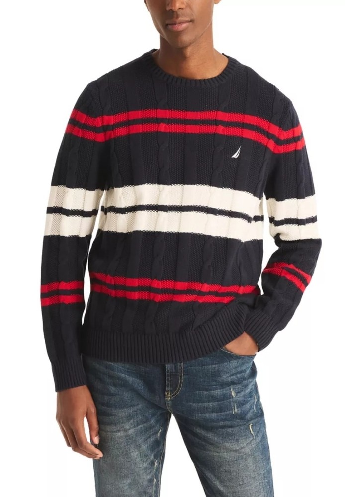 $108 Nautica Mens Long Sleeve Sweater Striped Cable-Knit Navy & Strips, Size M