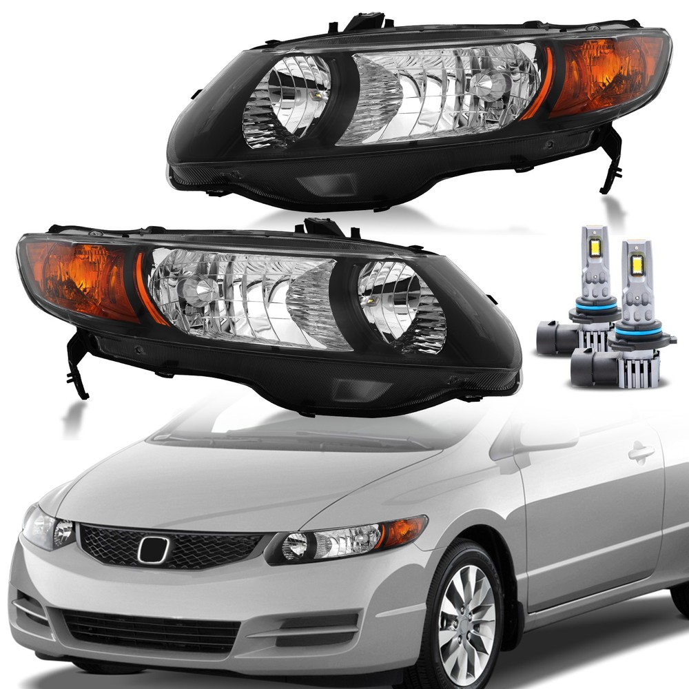 Pair Headlights Assembly W/Led Bulbs For 2006-2011 Honda Civic 2-Door Coupe L+R