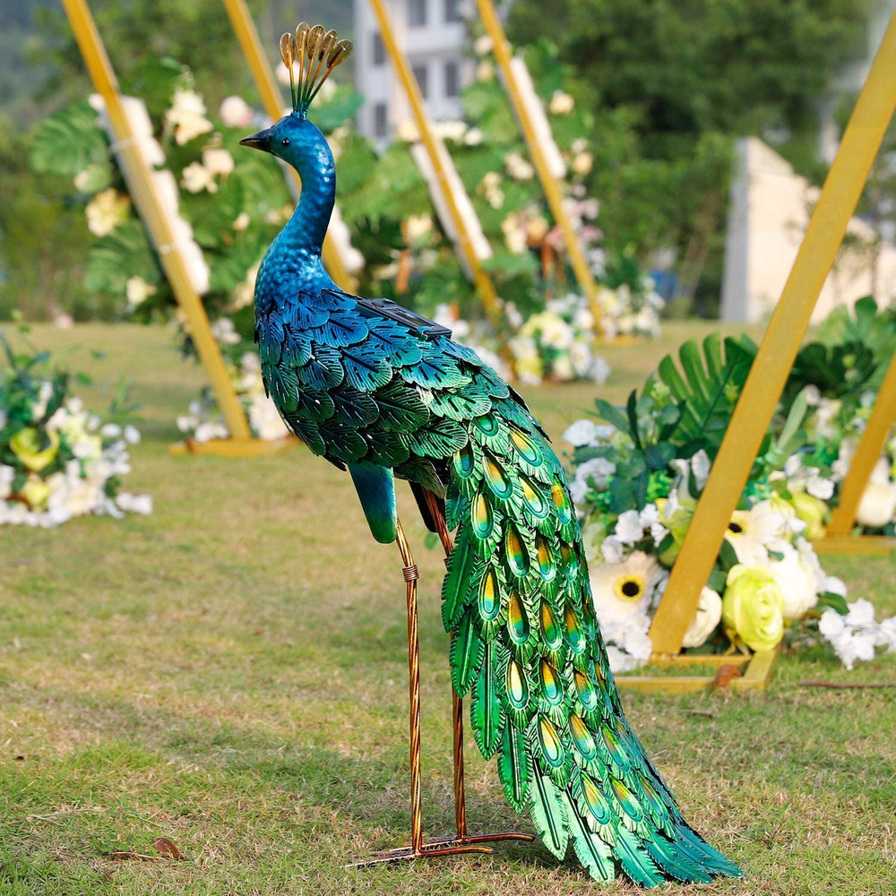 Outdoor Solar Peacock Statue Garden Decor Metal Yard Art for Lawn Backyard Party