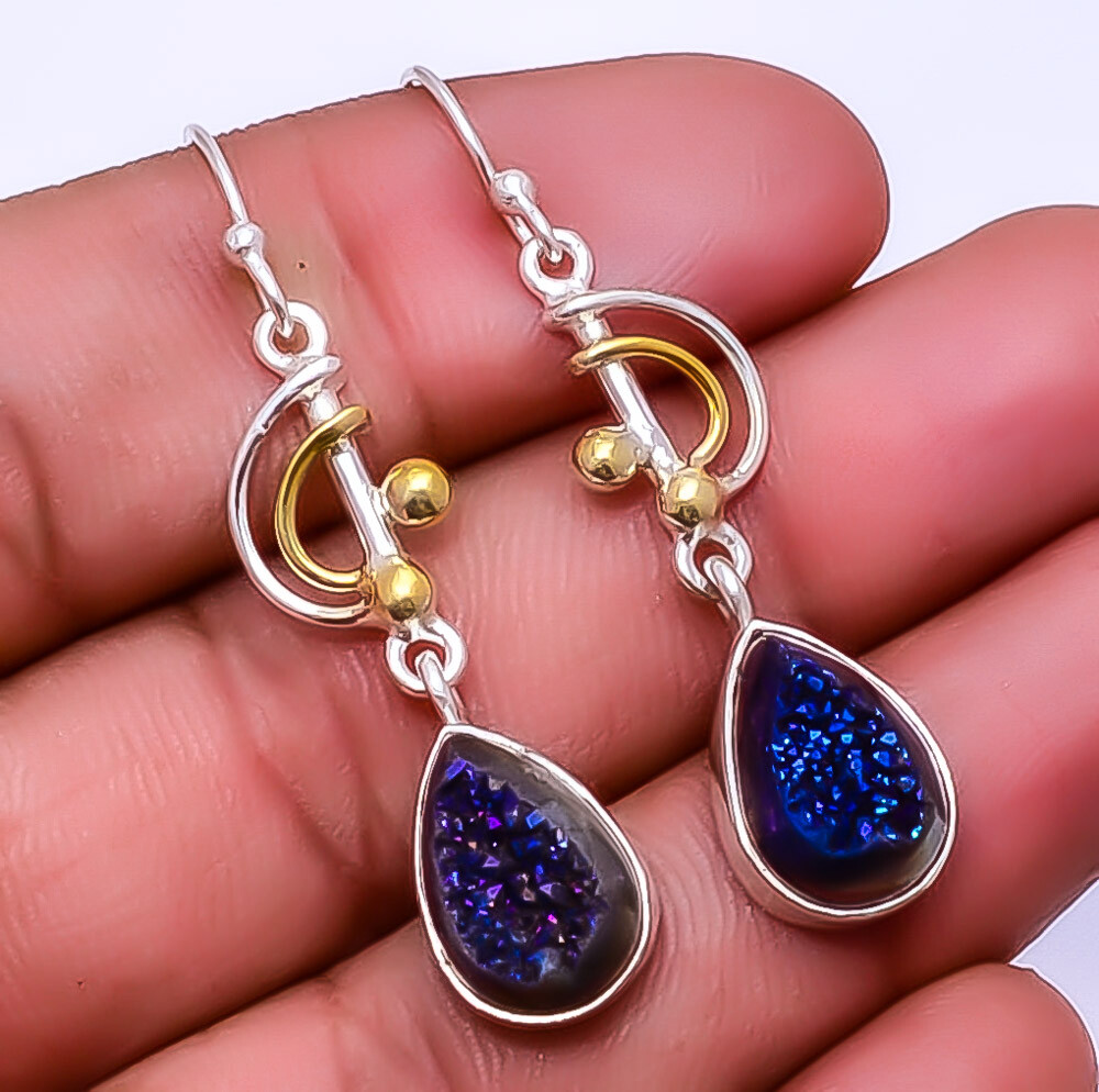 Electric Blue Titanium Agate Drusy 925 Sterling Silver Two Tone Earring 1.95