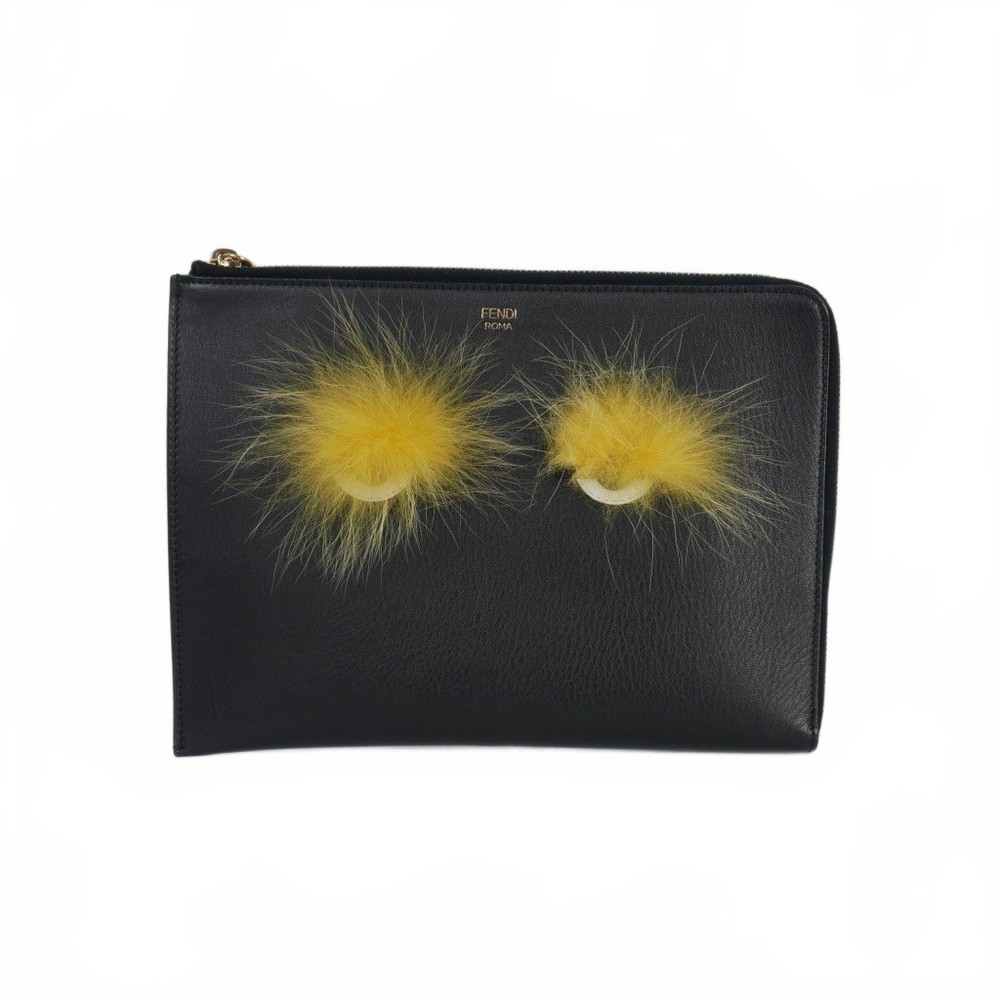RARE FENDI Monster clutch bag with L-shaped zipper in black and yellow style 8M036