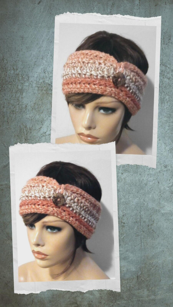 Handmade crochet messy bun headband ear warmer in red and orange for women
