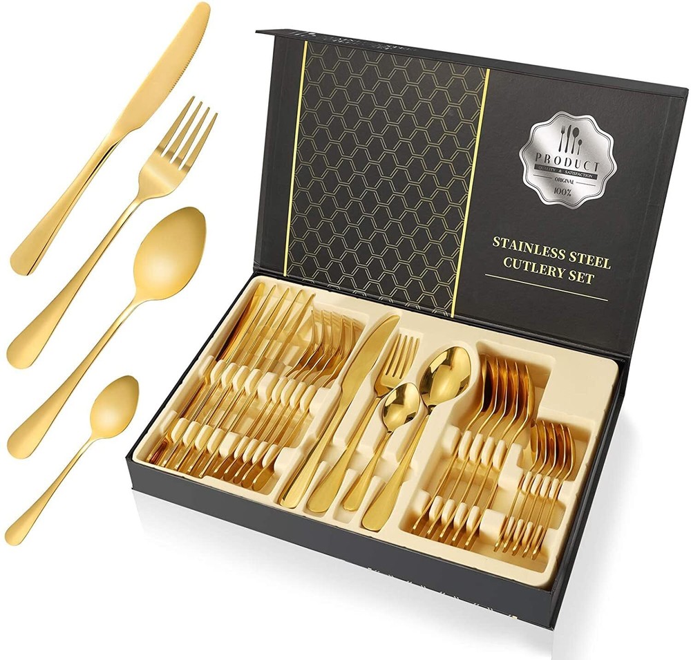 Elegant Gold Silverware Set with Box for Housewarming Kitchen Gift