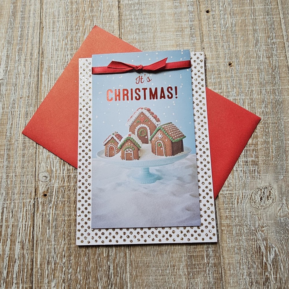 Christmas Greeting Card Gingerbread Red Ribbon Glitter Vertical Hallmark