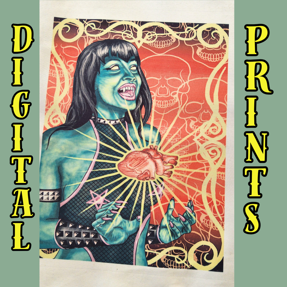 Green sci-fi pinup girl digital print art unique fantasy woman vibrant succubus