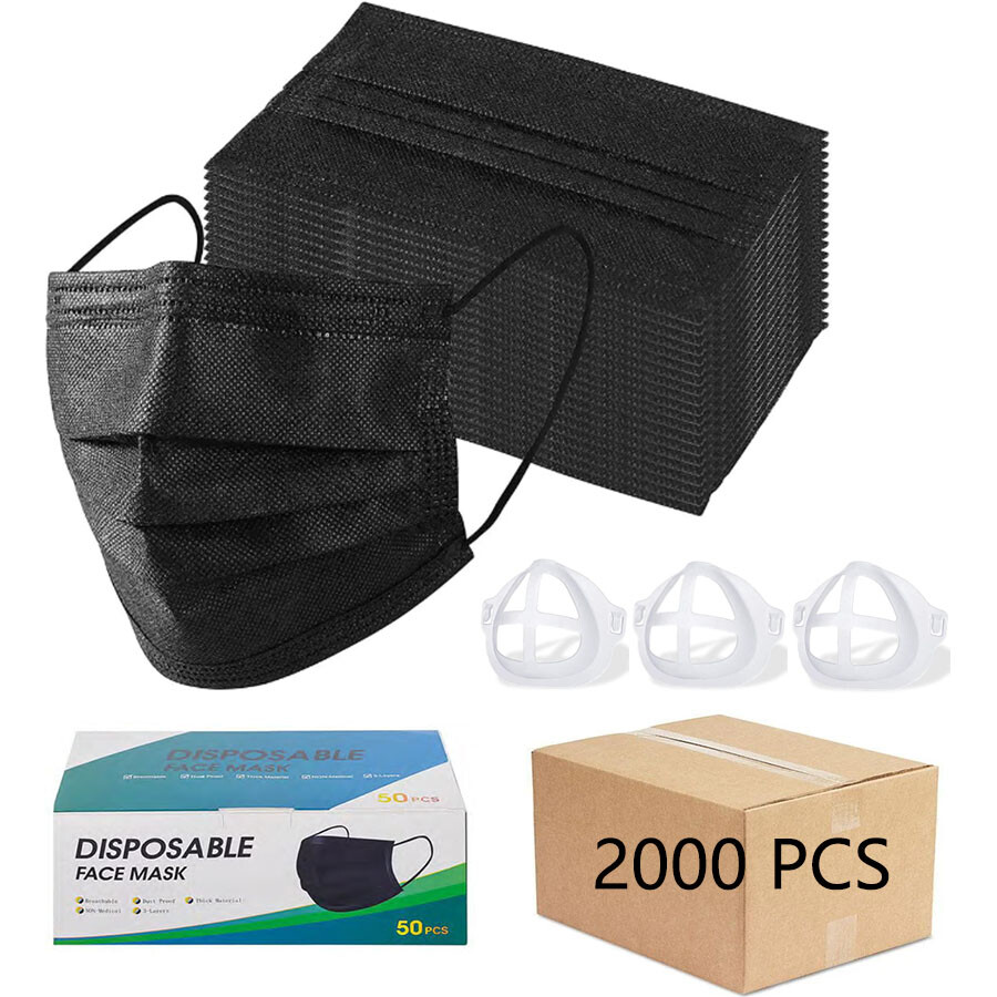 100/200/500/1000/1950 Disposable Black Face Mask 3 Ply Masks + Mouth Bracket