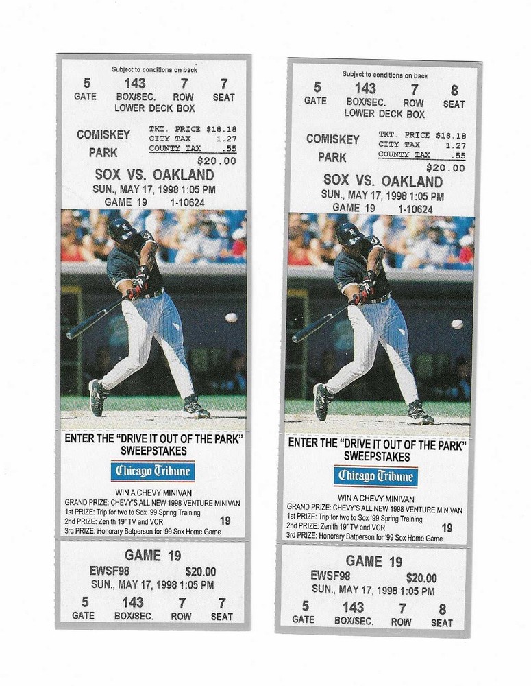 Chicago White Sox vs Oakland A's unused Baseball Tickets from 5/17/1998