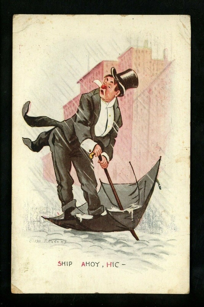 Drunk man comic postcard with umbrella in rain 1911 T.P. & Co