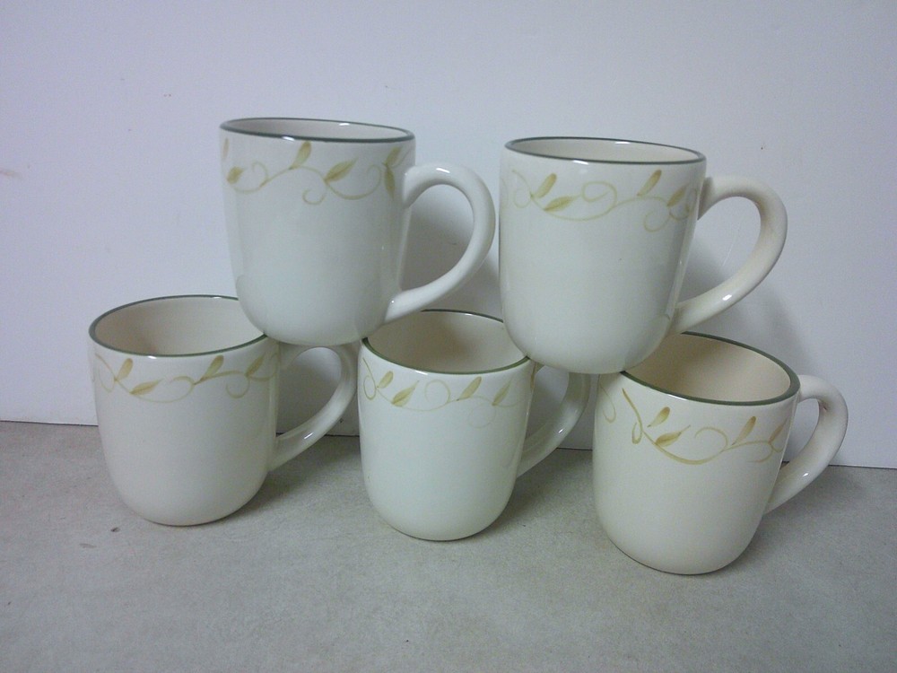 Pfaltzgraff Traditions Sefton Park Green Leaf & Vine Ceramic Coffee Mugs Set of 5