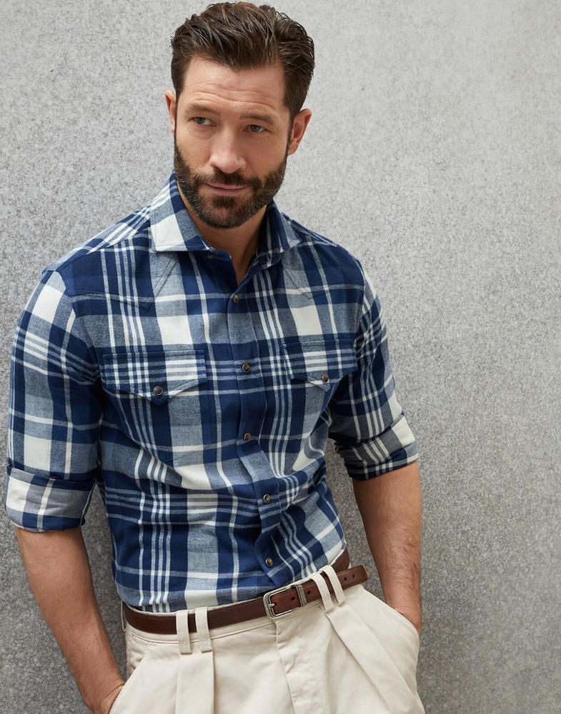 Ralph Lauren Purple Label Medium Blue Leo Plaid Flannel Shirt Luxury Cotton